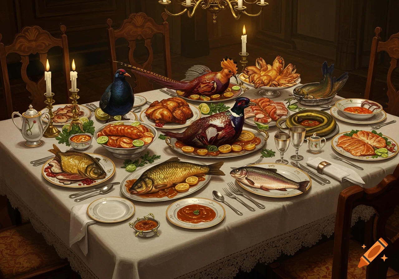 A grand table set for a feast with roasted birds, fish, and other dishes, lit by candlelight.