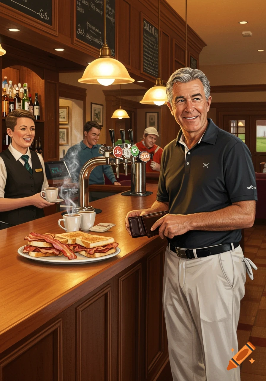 A smiling older golfer at a bar counter with bacon sandwiches and coffees, a server behind him, and other patrons in the background. Digital painting.