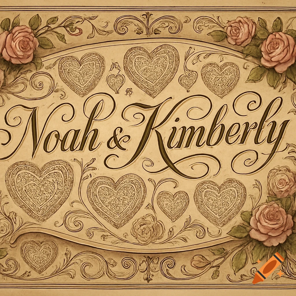 Vintage wedding banner with 'Noah & Kimberly' in script, surrounded by ornate hearts and pink roses.