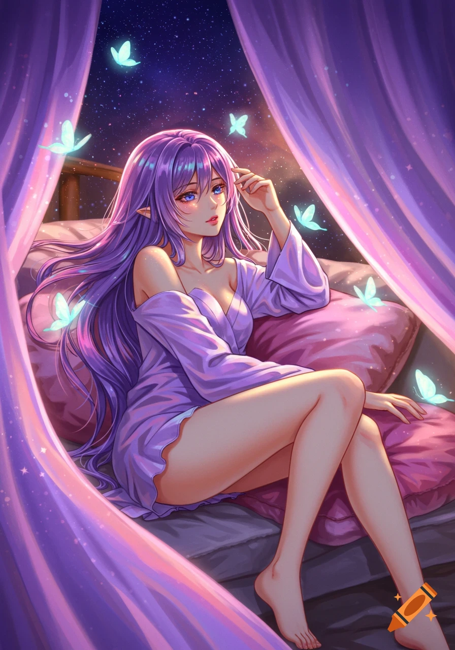Anime illustration of an elf woman with purple hair, sitting on a bed with glowing butterflies and a starry night sky visible.