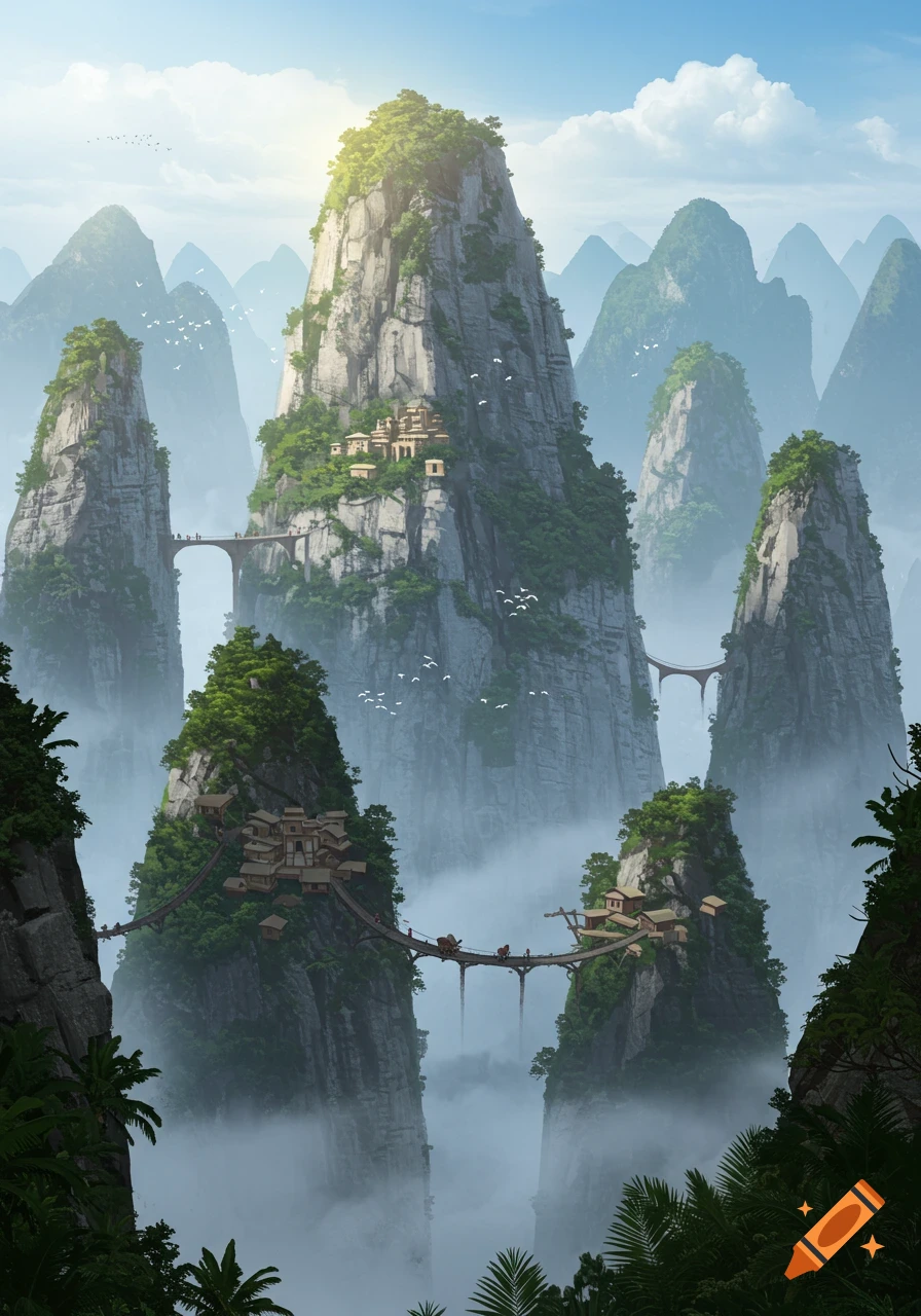A vibrant digital painting of majestic, mist-shrouded mountains topped with small settlements, connected by bridges over a lush jungle.