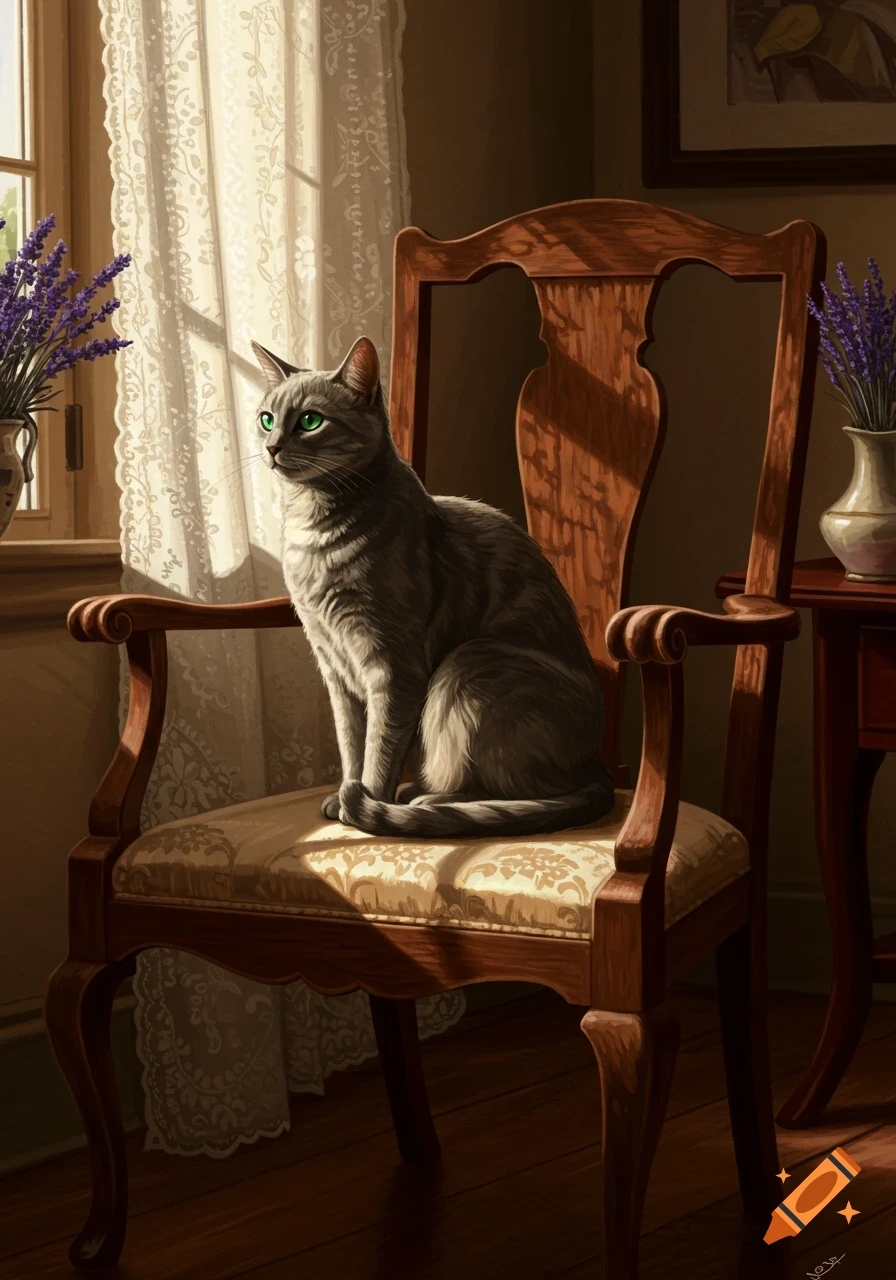 A gray cat with green eyes sits on a patterned wooden chair in sunlight by a window with sheer curtains. Illustrative style.