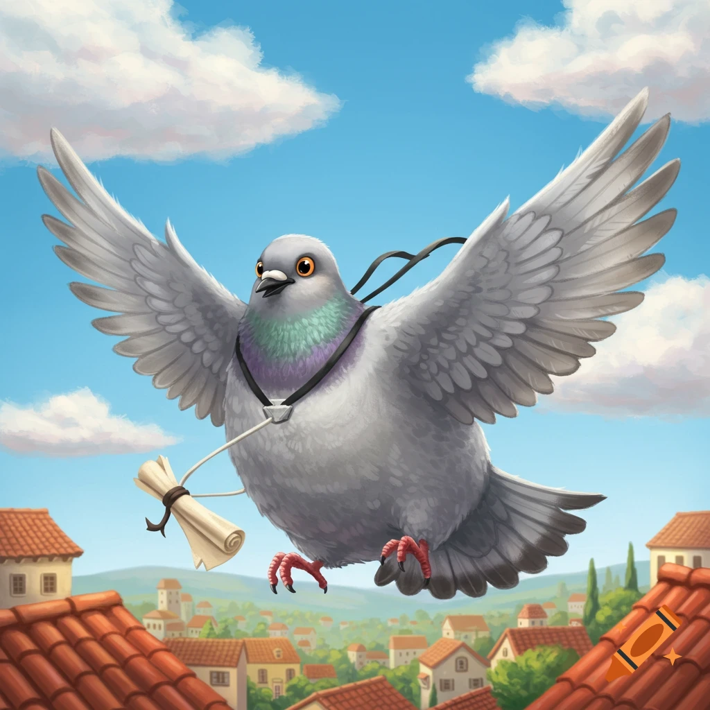 A plump cartoon pigeon with a scroll flies over a charming town under a blue sky, illustration.