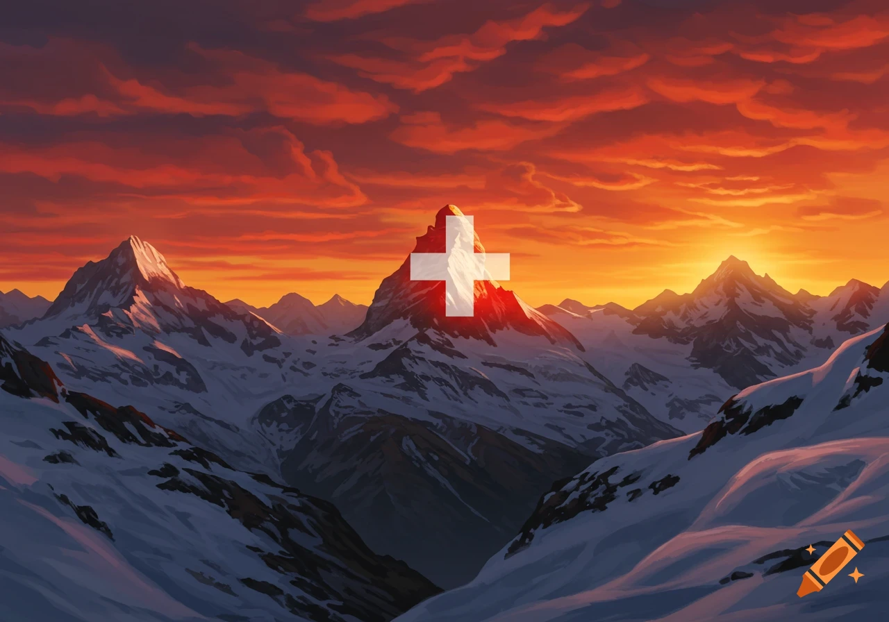 A dramatic alpine panorama at sunset with snow-capped mountains, a vibrant orange and red sky, and the white Swiss cross symbol on the central peak.