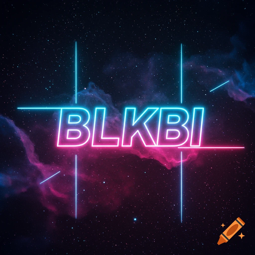 The word BLKBI in glowing pink and blue neon letters, with neon lines, against a starry space background with nebulae.