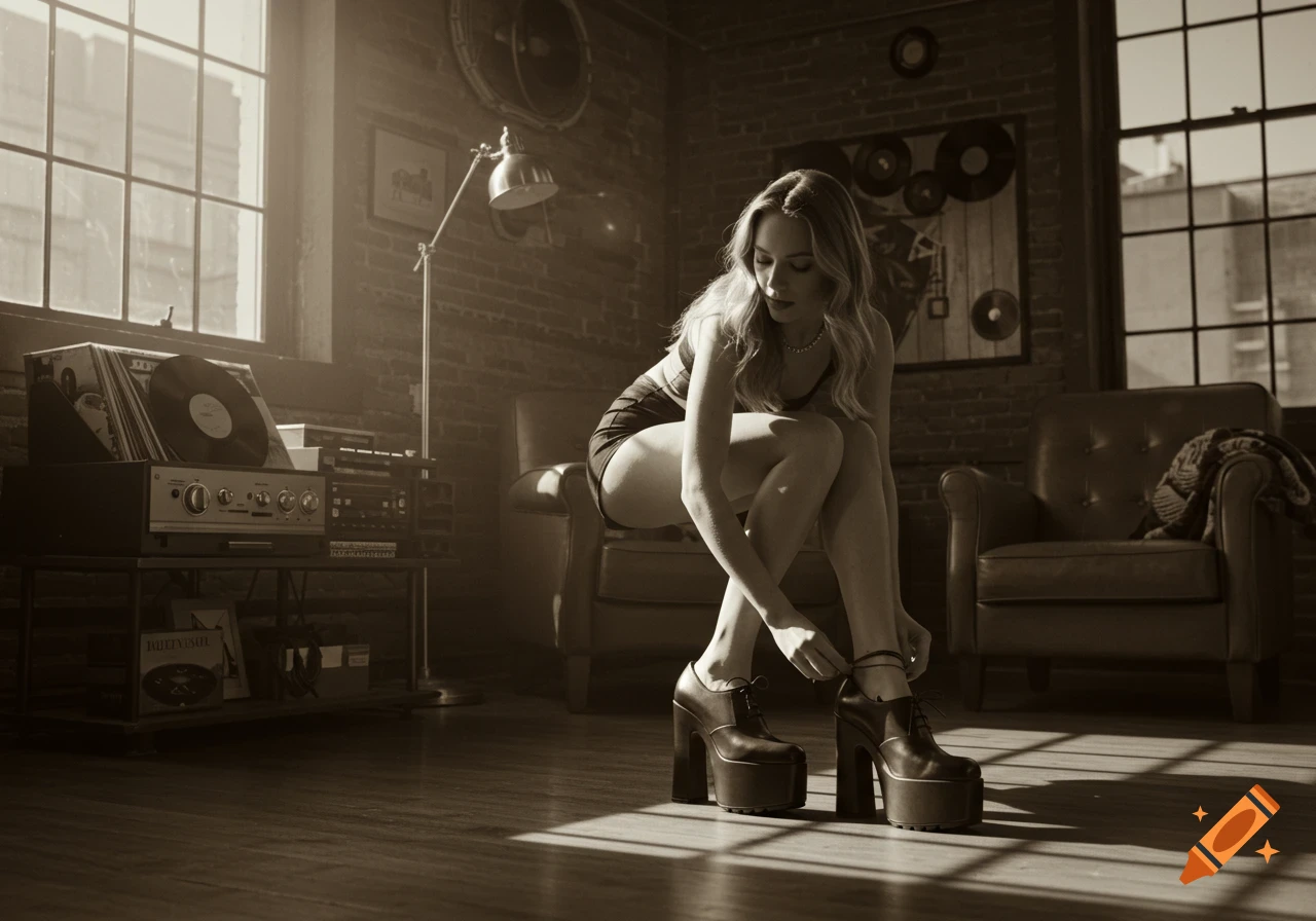 A young woman in a short skirt and platform shoes tying her laces in a retro-styled room with a record player.