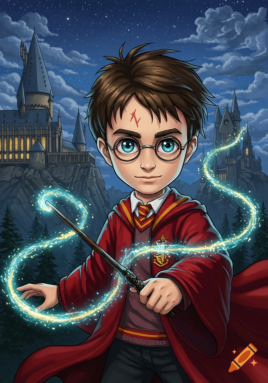 Anime-style Harry Potter in a red robe and glasses, holding a glowing wand, in front of Hogwarts castle at night.