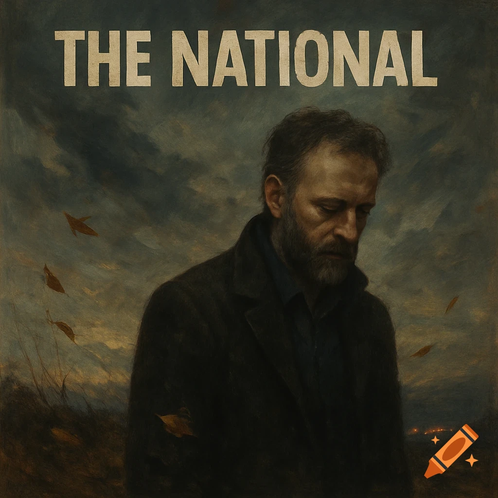 Text "THE NATIONAL" above a solemn, bearded man looking down in a dark, painterly style, with leaves falling around him.