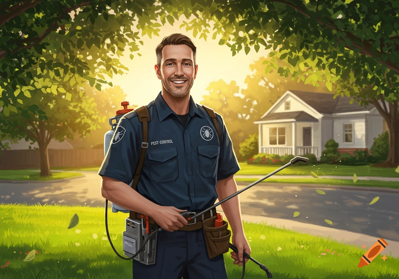 Smiling pest control man in uniform with equipment stands in a sunny suburban neighborhood. Stylized illustration.