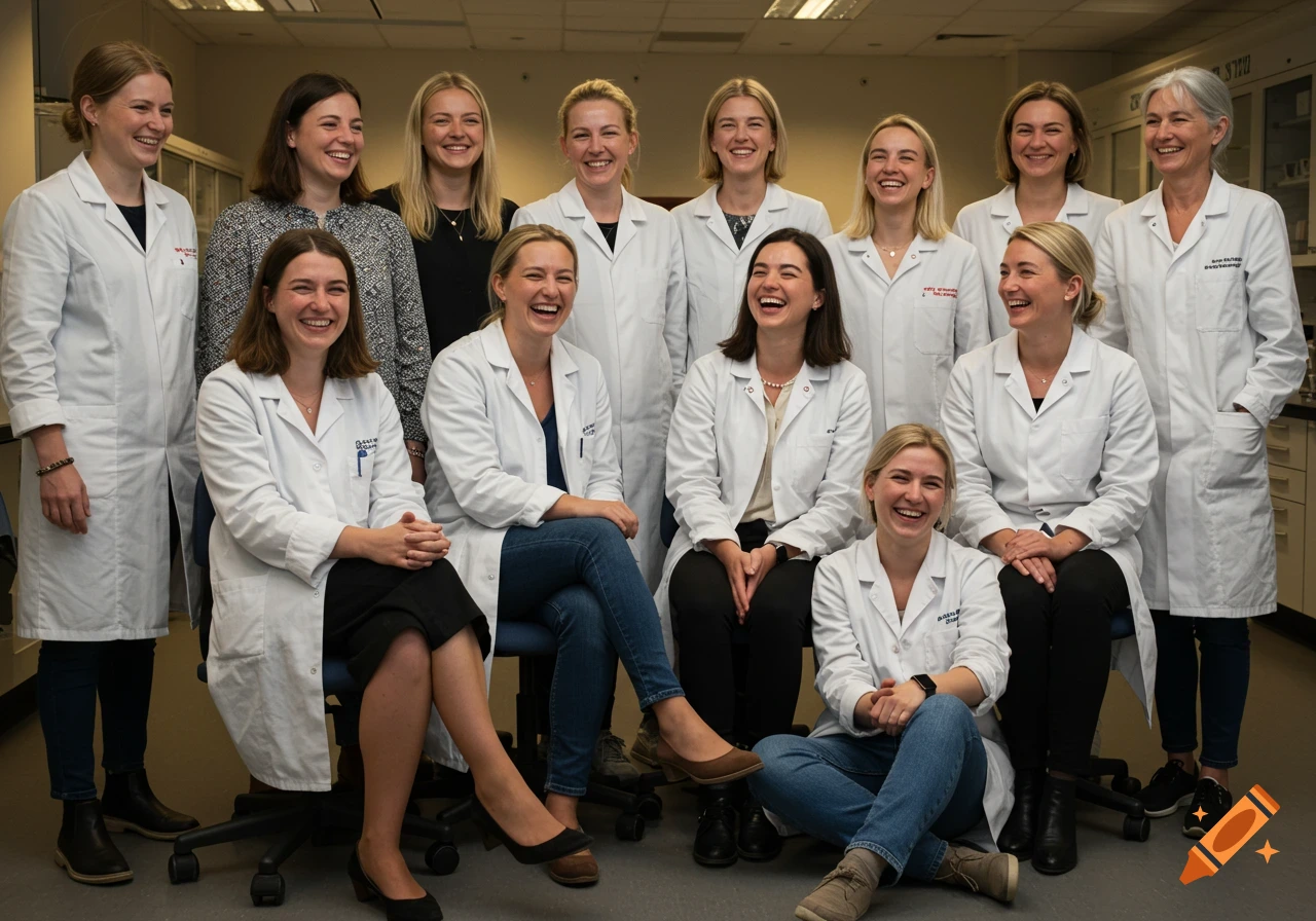 A diverse group of female scientists in lab coats and casual clothes, laughing in a laboratory setting. Some are standing, some are seated.