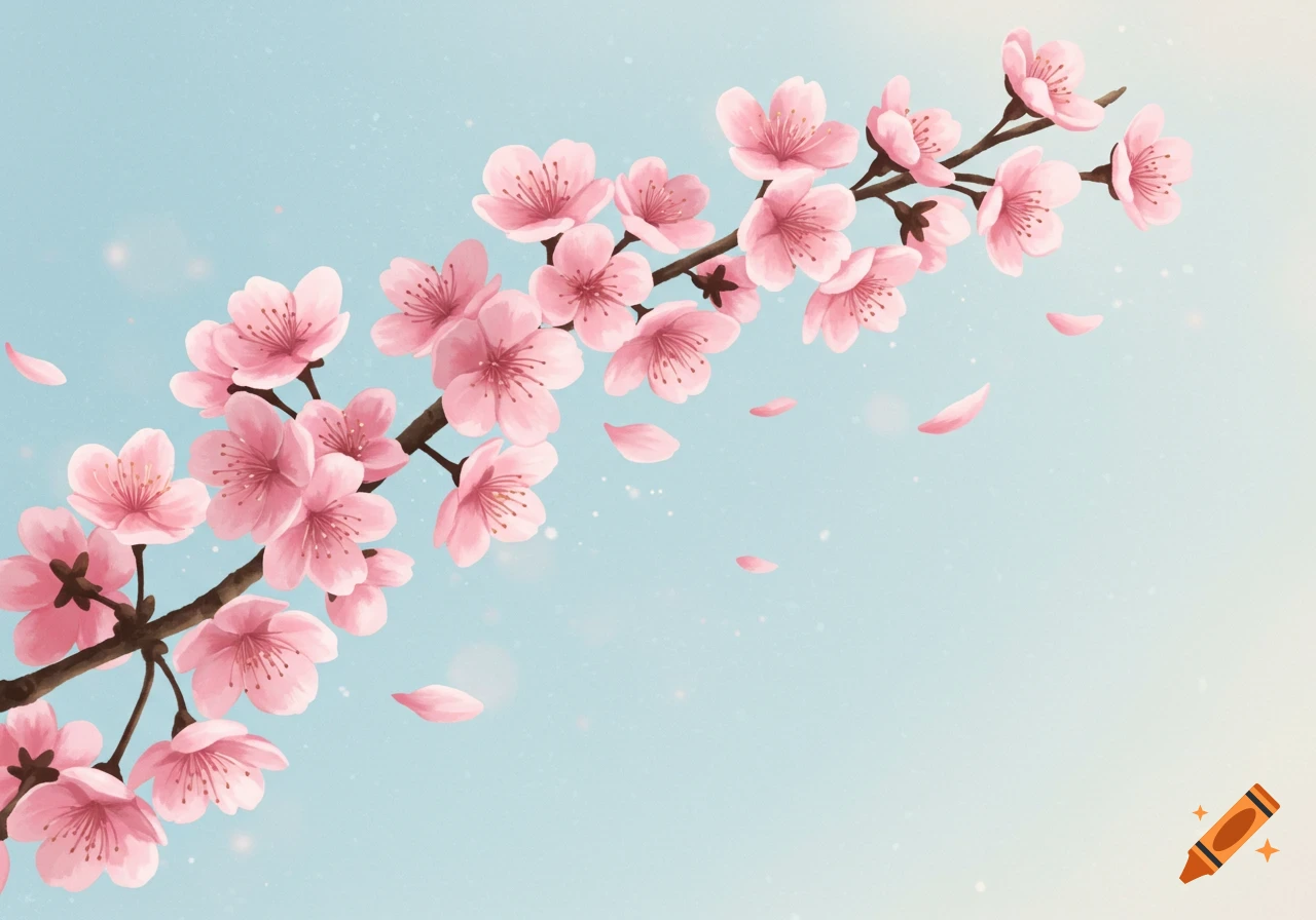 Pink cherry blossoms on a branch against a light blue sky, with some petals falling, in an illustration style.