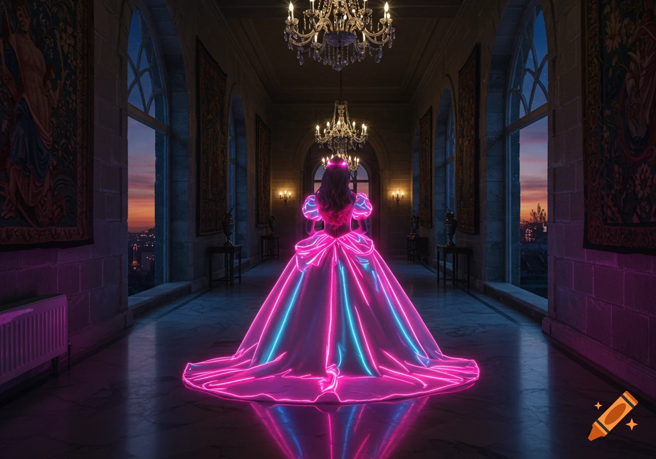 A figure in a voluminous neon pink and blue glowing gown stands in a grand castle hall at dusk, reflecting on the polished floor.