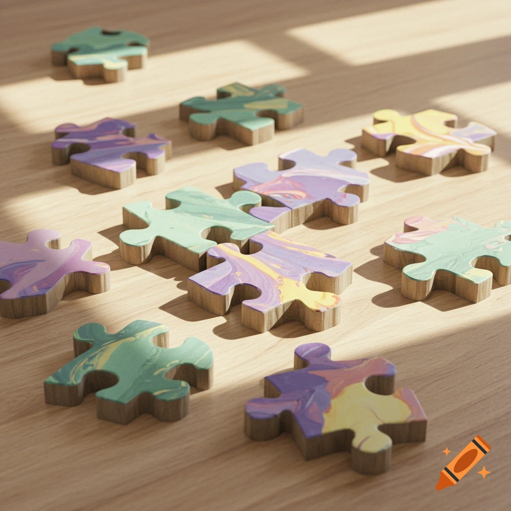 Twelve colorful wooden puzzle pieces, some with marbled paint, scattered on a sunlit wooden table.
