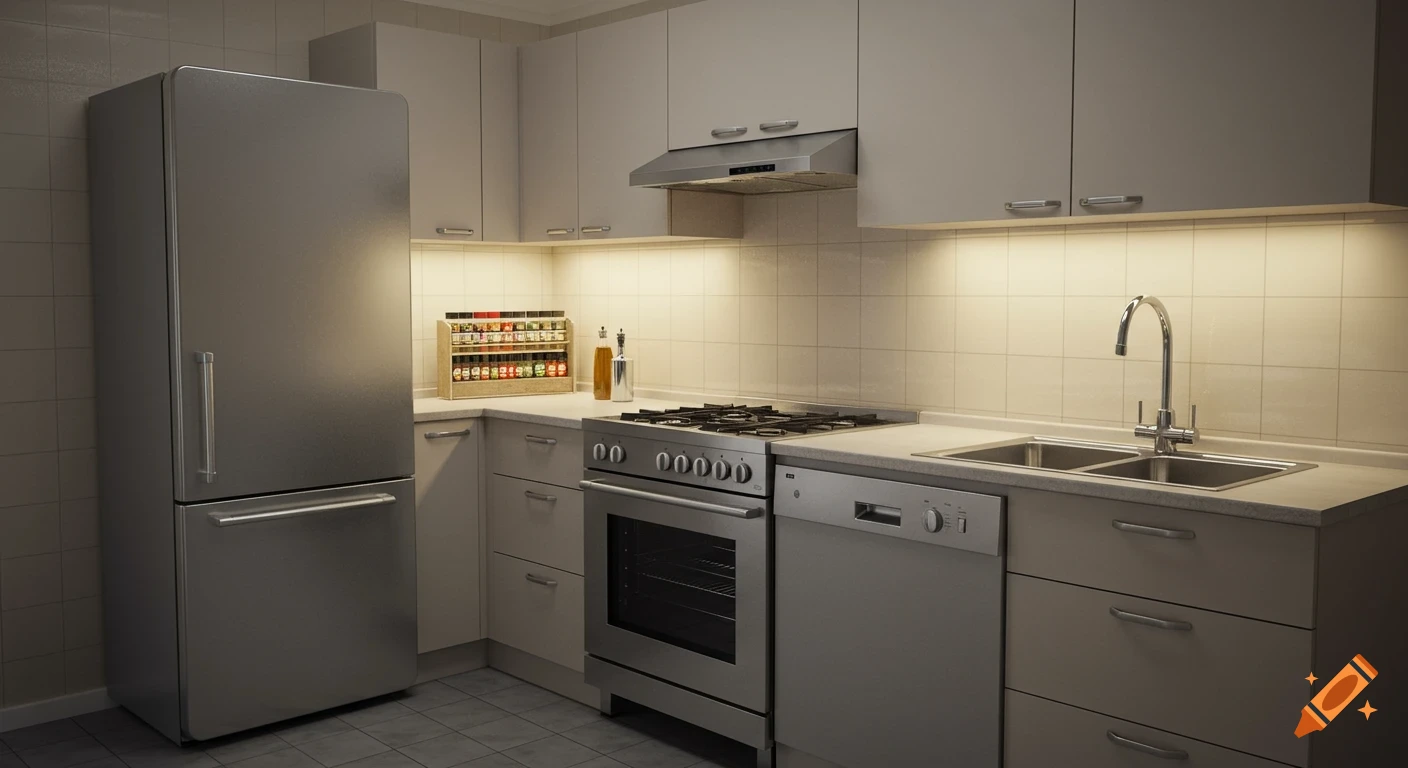 A modern kitchen with stainless steel appliances including a refrigerator, stove, dishwasher, and double sink, set against light cabinets and tiled backsplash under warm lighting.