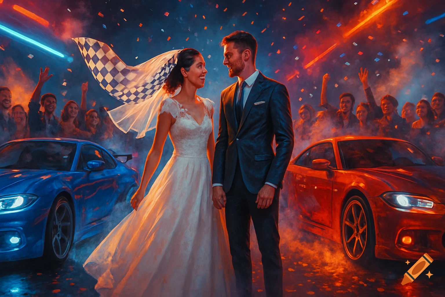 A newlywed couple between blue and red sports cars, surrounded by a cheering crowd, confetti, and bright lights, with a checkered flag, in a dynamic, cinematic style.