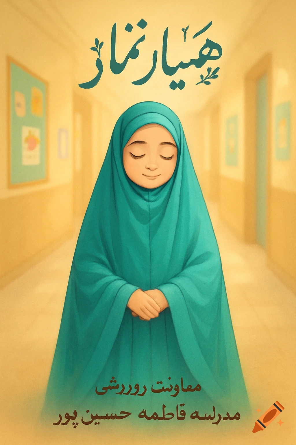 Cartoon illustration of a young girl in a teal hijab with eyes closed and hands folded, standing in a school hallway. Persian text is at the top and bottom.