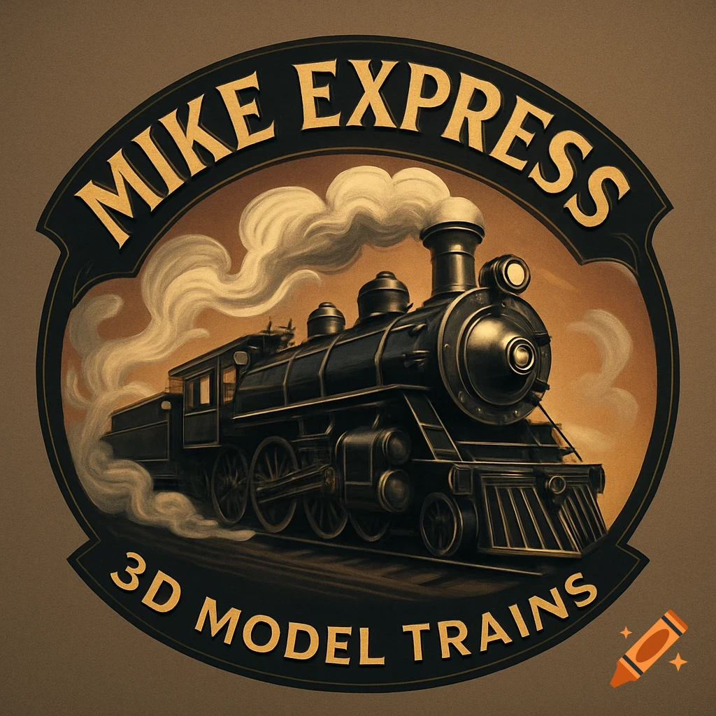 A vintage-style logo featuring a black steam train with smoke, surrounded by a dark border with gold text 'Mike Express 3D Model Trains'.