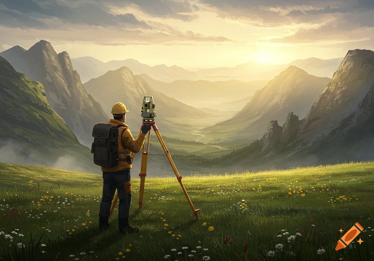 A digital painting of a surveyor with equipment overlooking a vast, lush mountain valley at sunset.