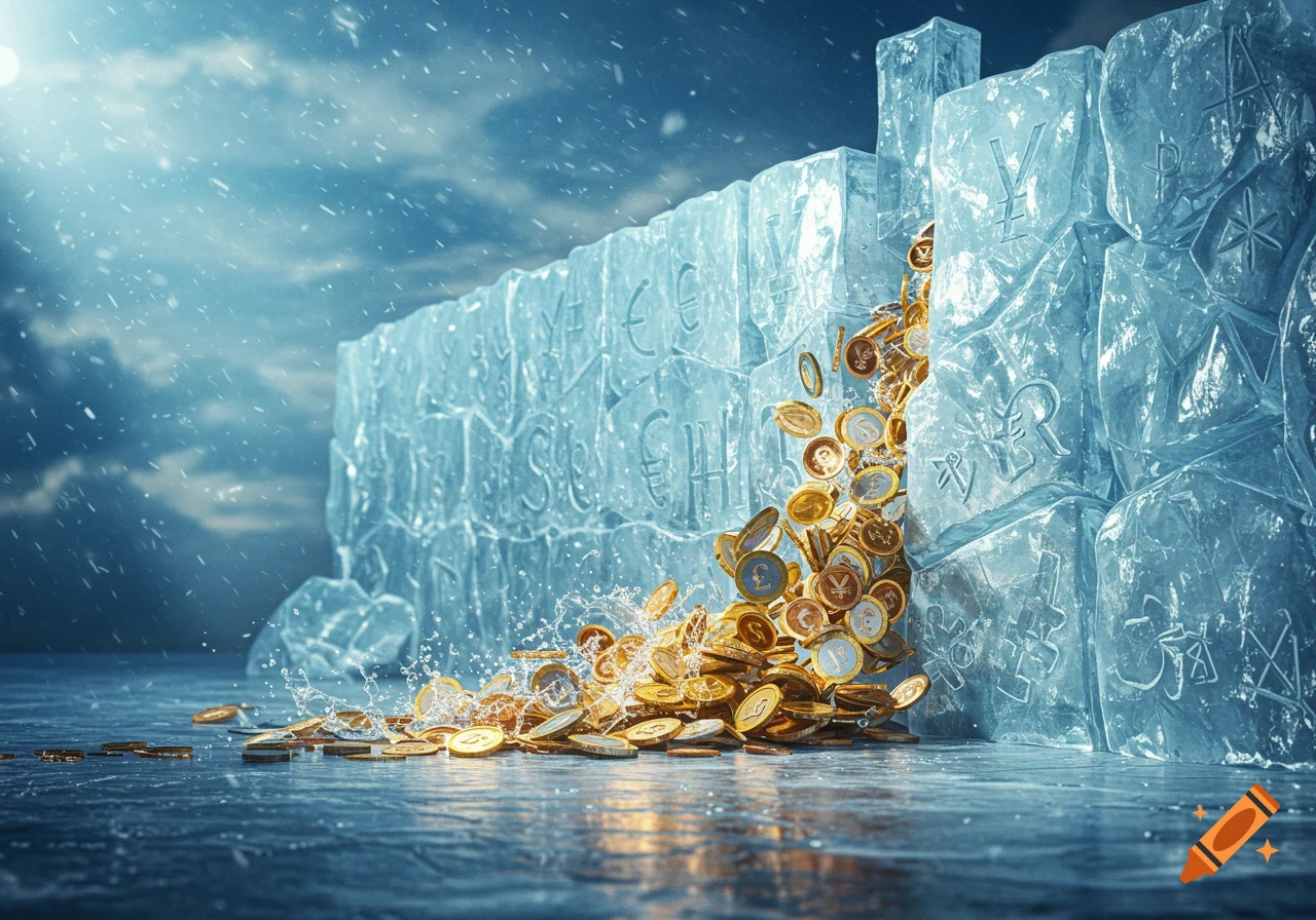 Gold and silver coins spill from a crack in a wall of blue ice blocks, carved with currency symbols, under falling snow.