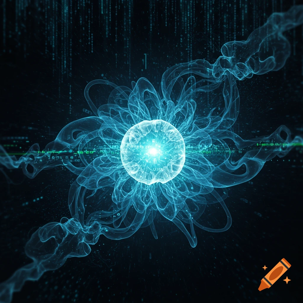 A bright blue, glowing, crystalline orb with flowing, smoky tendrils against a dark digital background with falling green binary code.