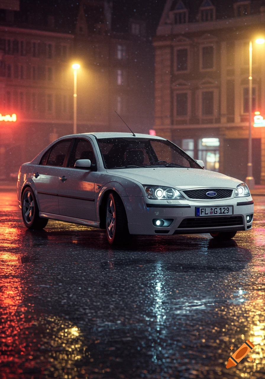 A white Ford Mondeo sedan is parked on a wet, reflective city street at night, illuminated by glowing streetlights and neon signs.