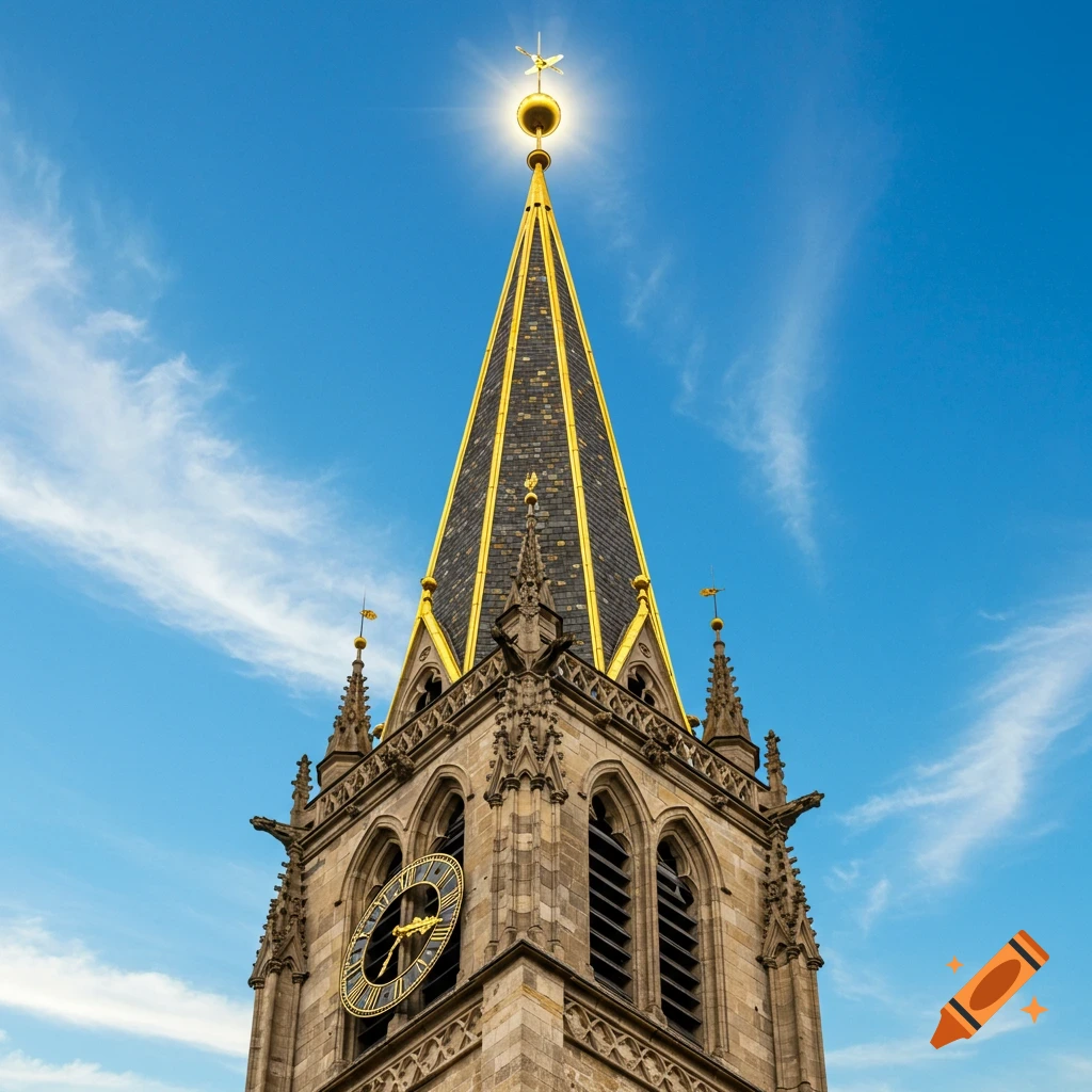 A tall church spire with a golden-accented dark roof, an intricate clock, and stone carvings against a bright blue sky.