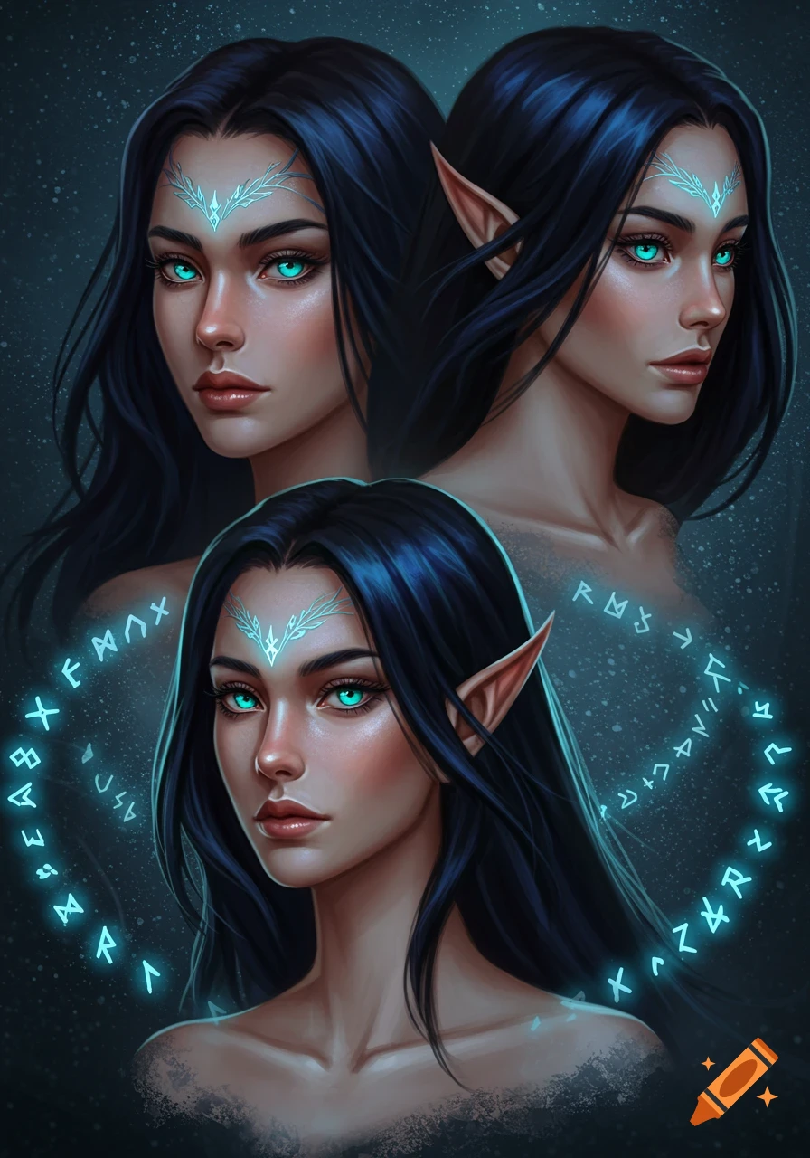 An arcane woman with dark hair, glowing aquamarine eyes, and pointed ears, shown front and profile with glowing runes.