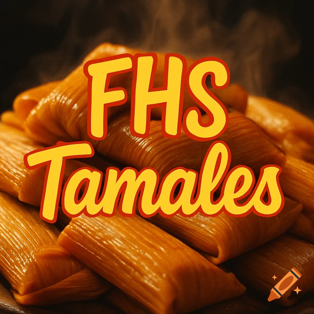 A steaming pile of tamales with "FHS Tamales" in bold yellow and red text overlay.