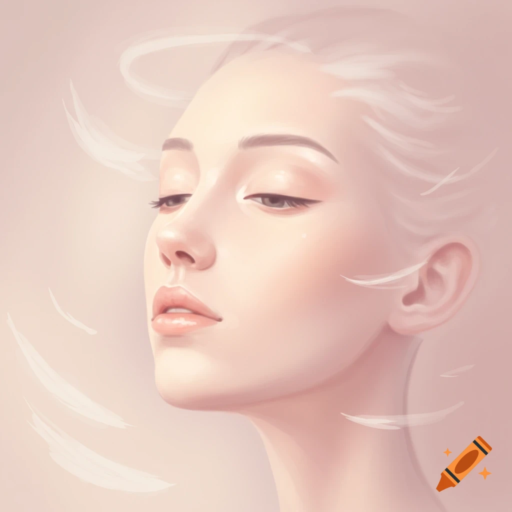 Digital illustration of a serene woman's face with closed eyes, surrounded by white ethereal wisps on a soft pink background.