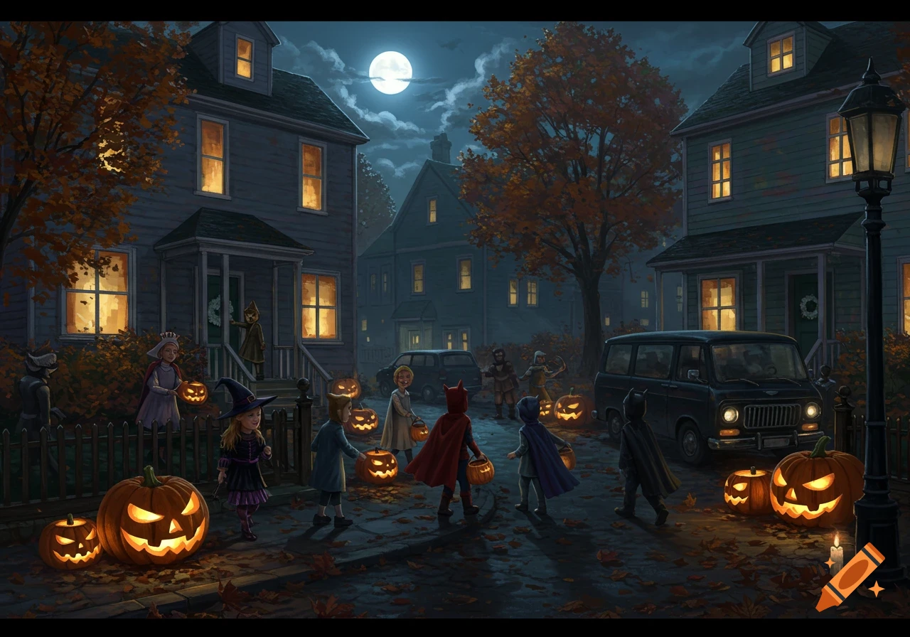 Illustrated scene of children in costumes trick-or-treating on a Halloween night in a neighborhood with glowing jack-o'-lanterns and a full moon.