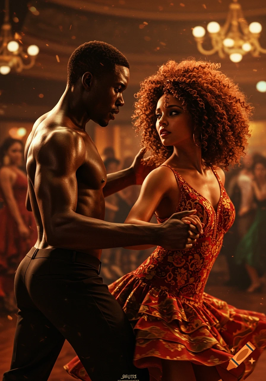 Hyper-realistic portrait of a shirtless Black man and a Latina woman in a red dress dancing in a dimly lit ballroom.