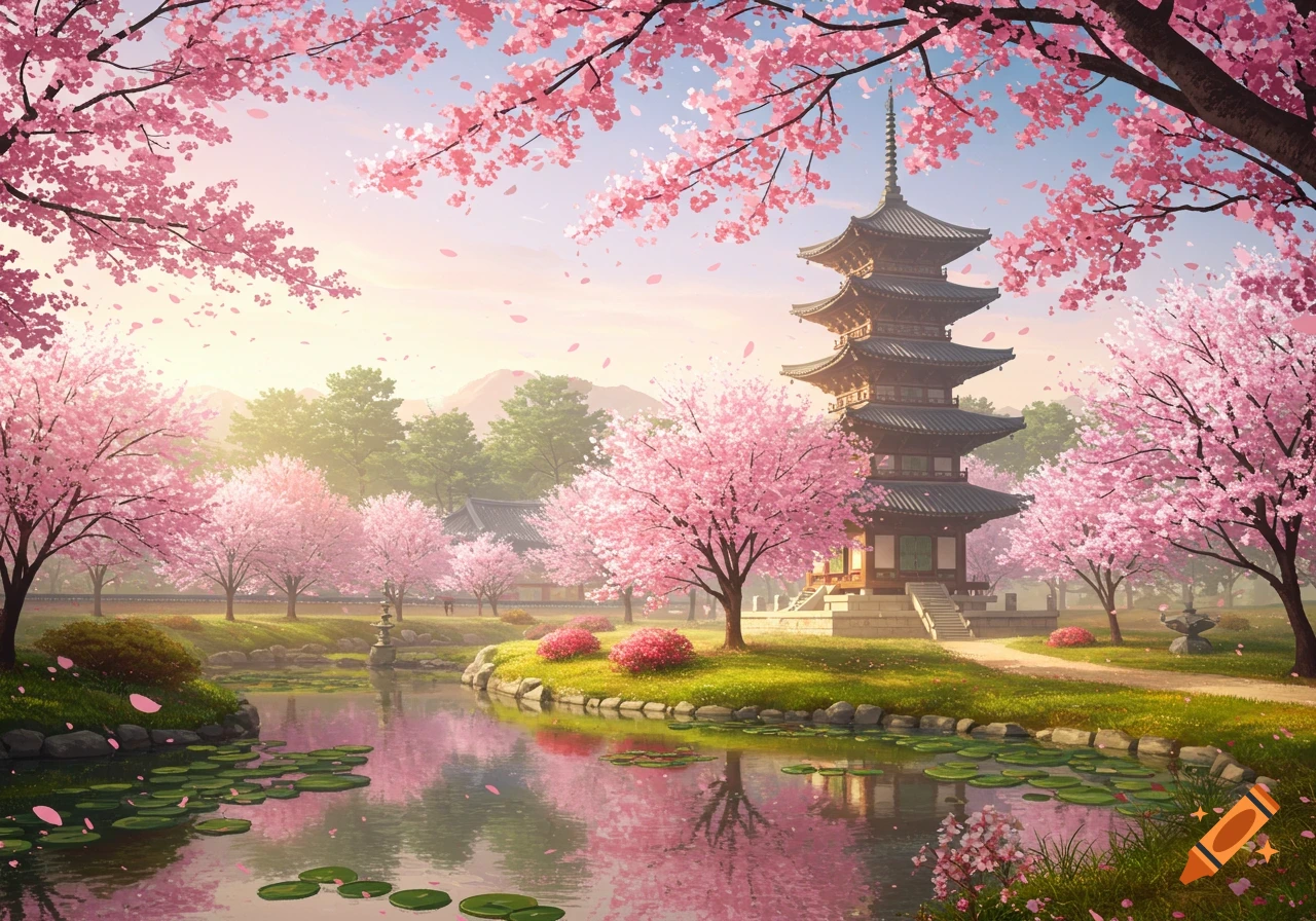 Pagoda in cherry blossom garden by a pond at sunrise, painterly style.