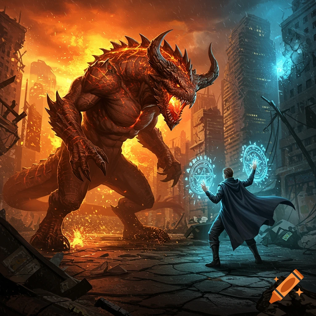 A wizard casts blue magic circles at a giant, fiery red monster in a devastated city under an orange sky, digital art.