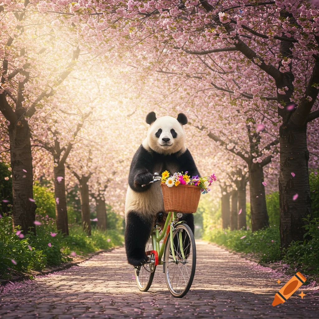 A photorealistic panda rides a green bicycle down a cherry blossom-lined path, carrying a basket of colorful flowers.