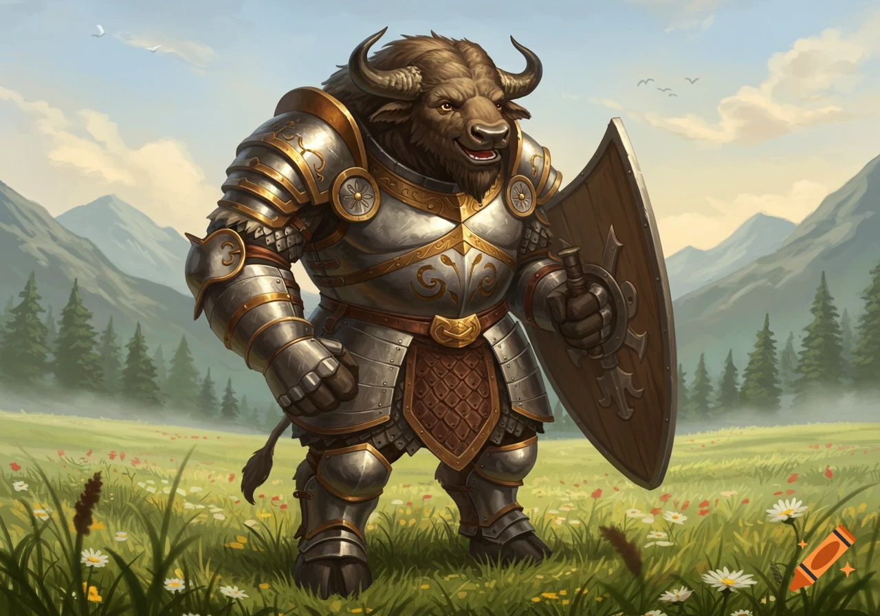 A happy, heavily armored buffalo minotaur with a tower shield stands in a sunny, flower-filled field with mountains in the background.