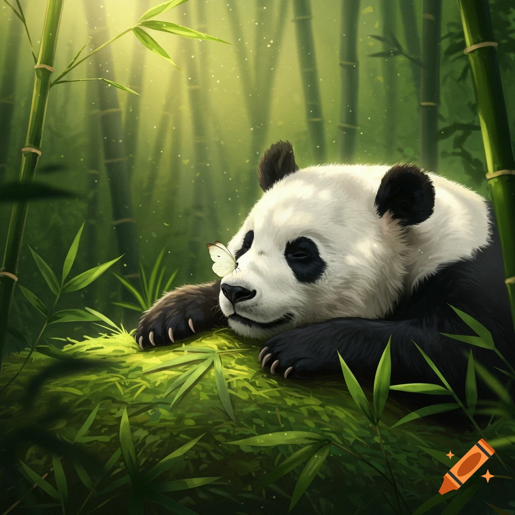 An illustrative image of a panda sleeping peacefully in a bamboo forest, with a white butterfly resting on its nose.