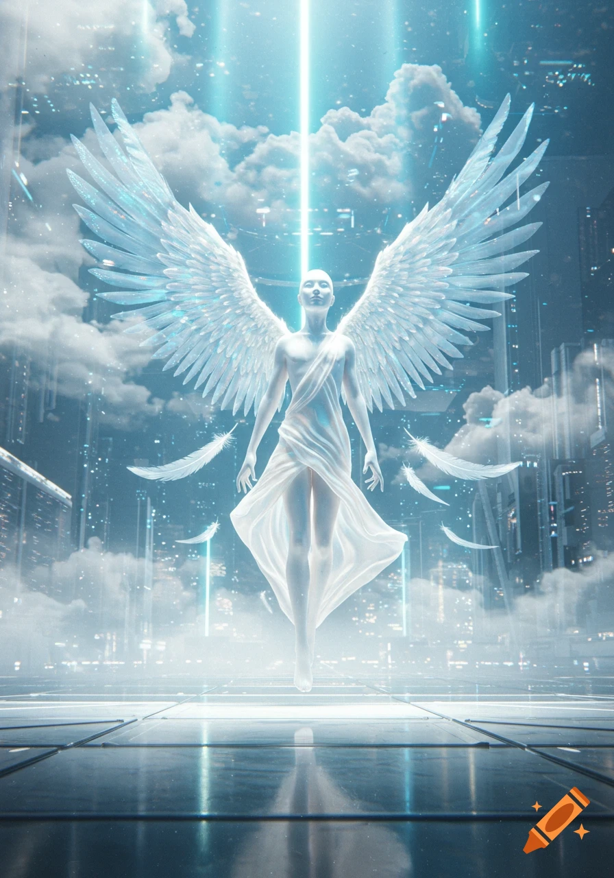 An ethereal, white-clad angel with large, glowing wings floats above a reflective surface in a futuristic city, bathed in bright blue light from above. White feathers drift around the figure.