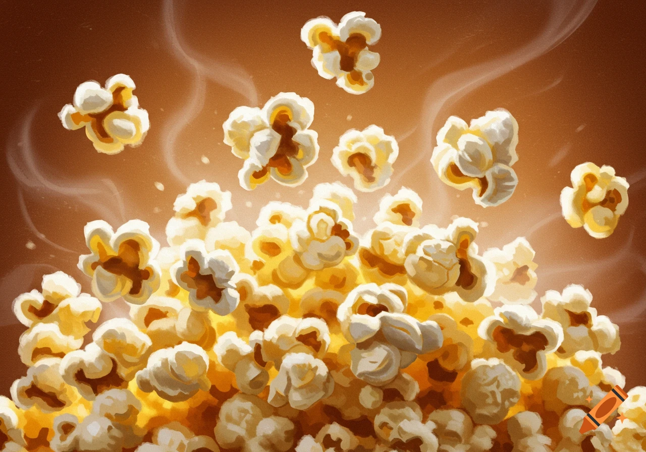 An illustration of popcorn popping and steaming against a warm brown background.
