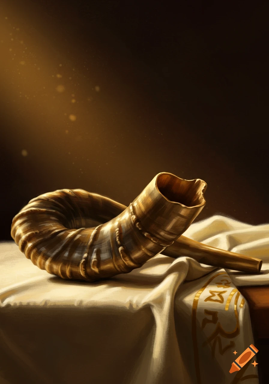 A golden ram's horn, or shofar, rests on a white cloth with gold decorative trim, bathed in a beam of light from the top left.