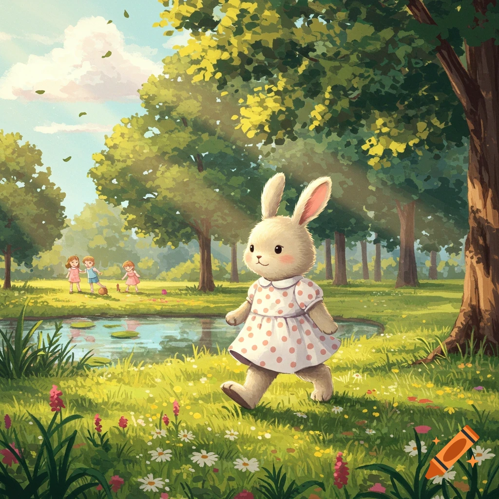 A cute bunny in a polka dot dress walks in a sunny park with children playing by a pond. Illustration.