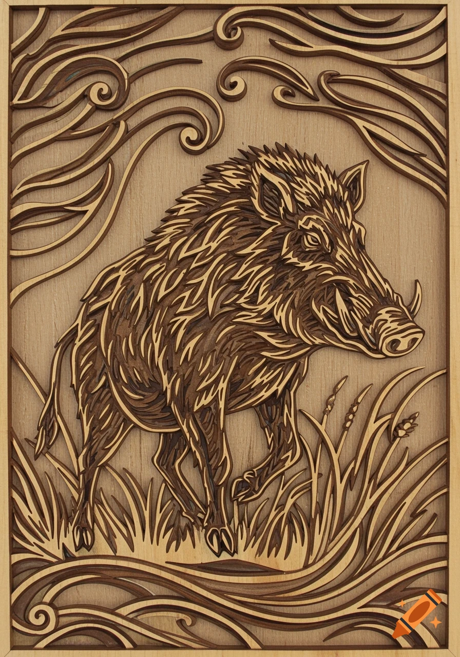 A wild boar rendered in a layered wood carving style, surrounded by stylized grass and swirling wooden patterns.