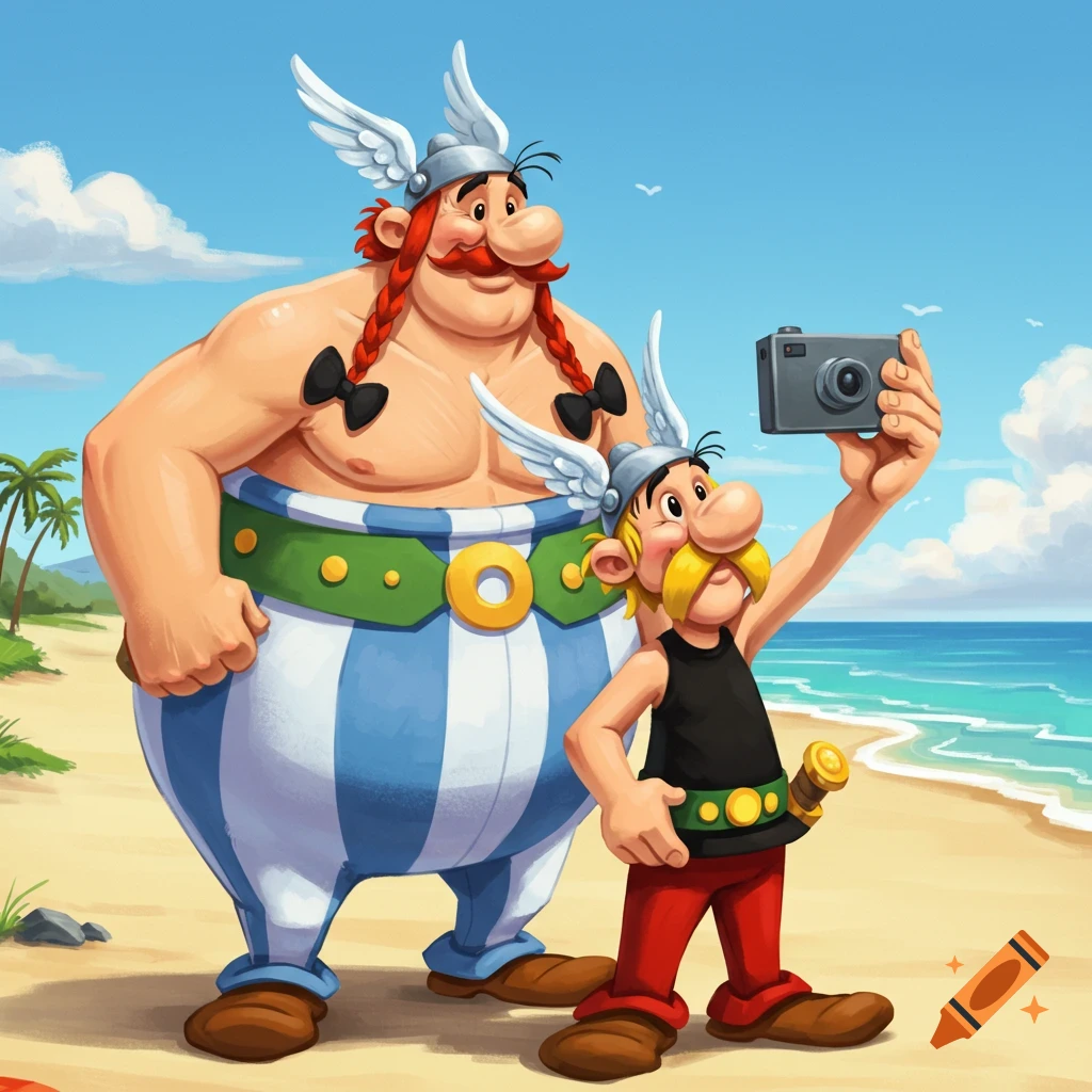 Asterix taking a selfie with Obelix on a sunny beach in a cartoon style.