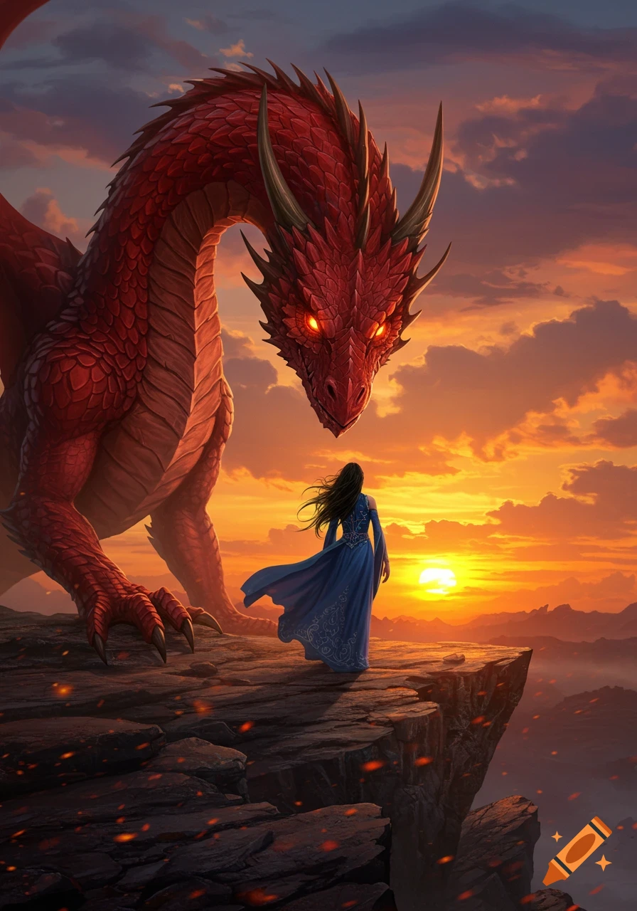 A large red dragon with glowing eyes faces a woman in a blue dress on a cliff edge against a dramatic sunset.