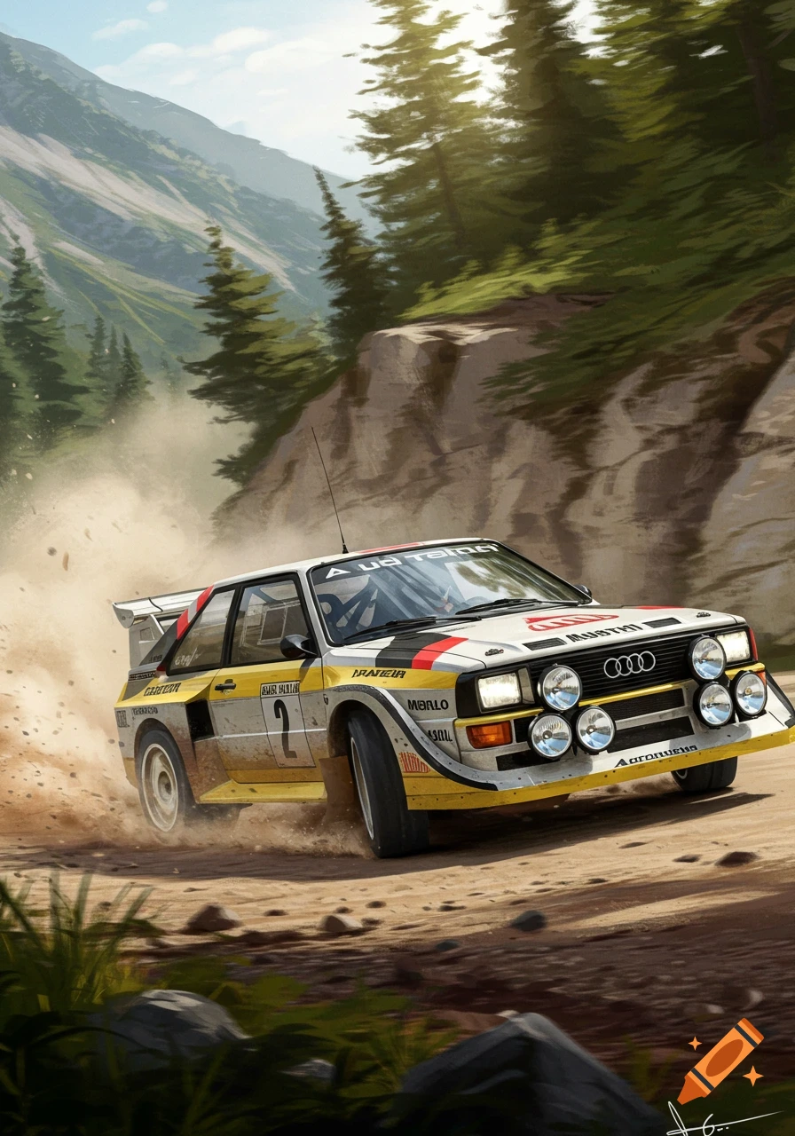 An illustrative painting of a classic white Audi S1 Quattro rally car kicking up dirt on a mountain road.