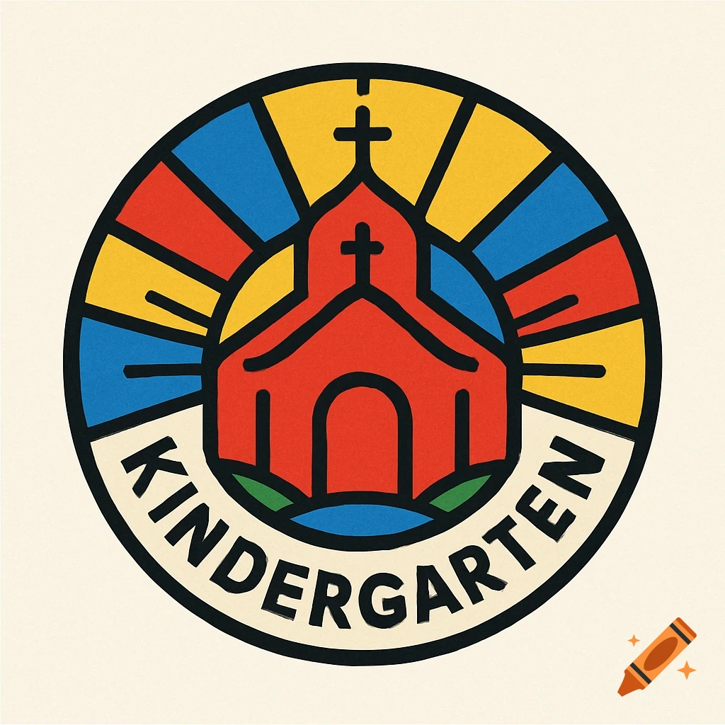 A colorful circular logo featuring a red church with a cross, surrounded by primary color rays and 'KINDERGARTEN' text.