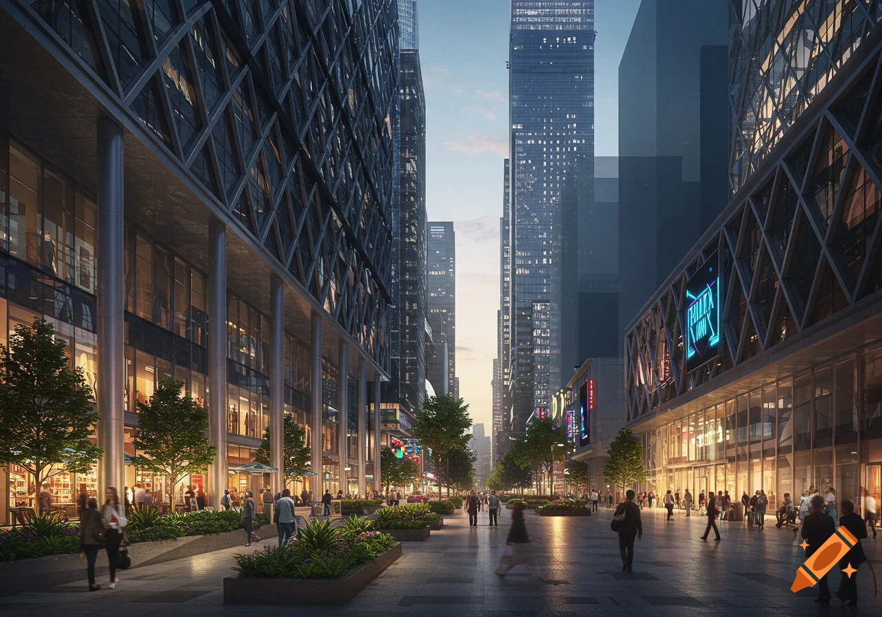 Modern cityscape at dusk from street level, showing tall buildings with geometric designs, a pedestrian plaza, trees, and people. Architectural rendering style.