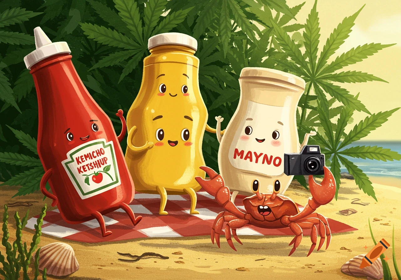 Cartoon ketchup, mustard, and mayonnaise bottles sit on a picnic blanket on a beach, surrounded by cannabis leaves. A crab photographs them.