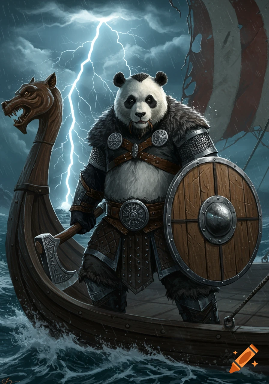 A formidable panda Viking warrior in full armor stands on a longship, holding an axe and shield, amidst a stormy sea with lightning.