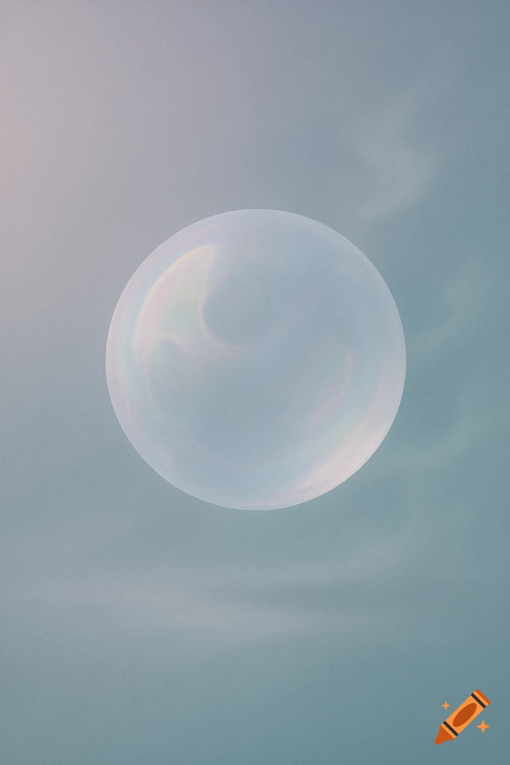 A translucent, iridescent sphere floats against a soft blue and lavender gradient background.