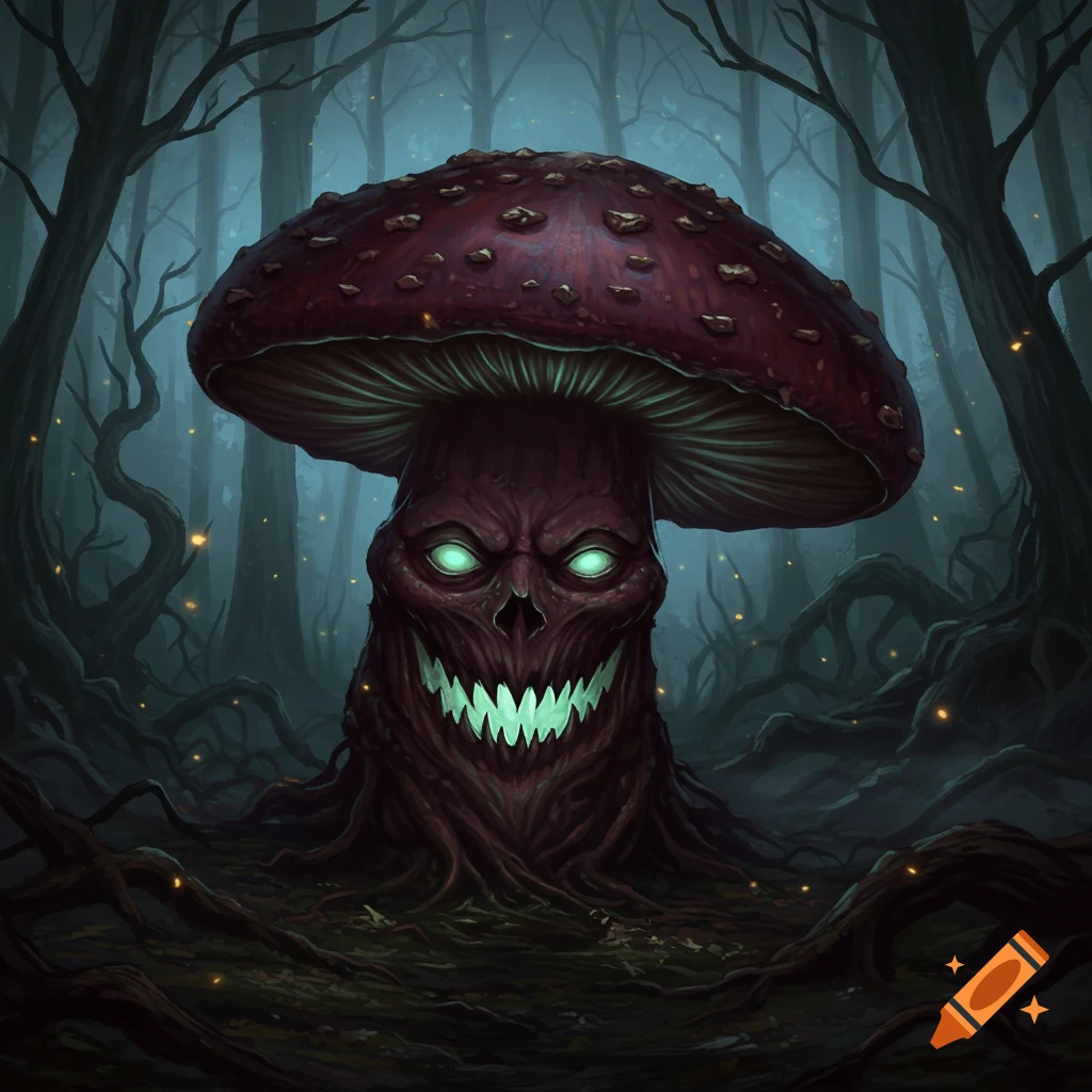 A dark fantasy illustration of a scary mushroom monster with glowing green eyes and sharp teeth in a spooky forest.